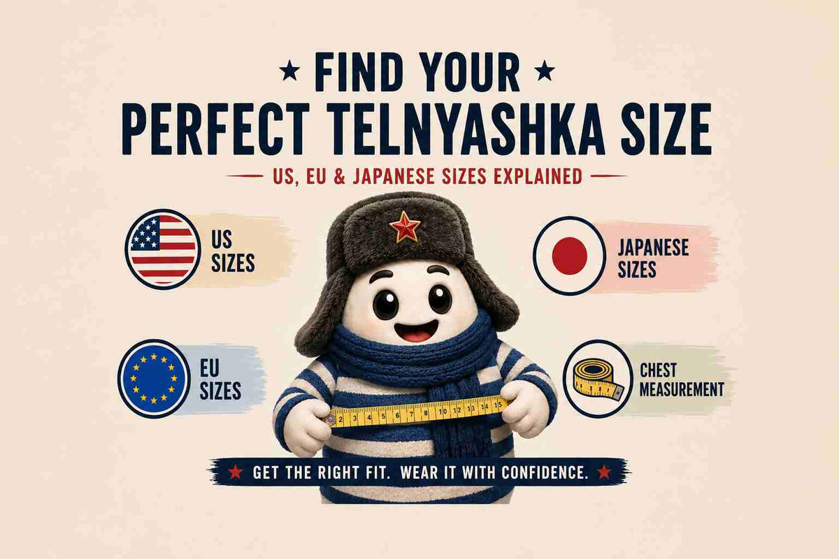 Telnyashka size guide preview showing US, EU, and Japanese size comparison with chest measurement illustration and authentic blue and white striped Telnyashka mascot.