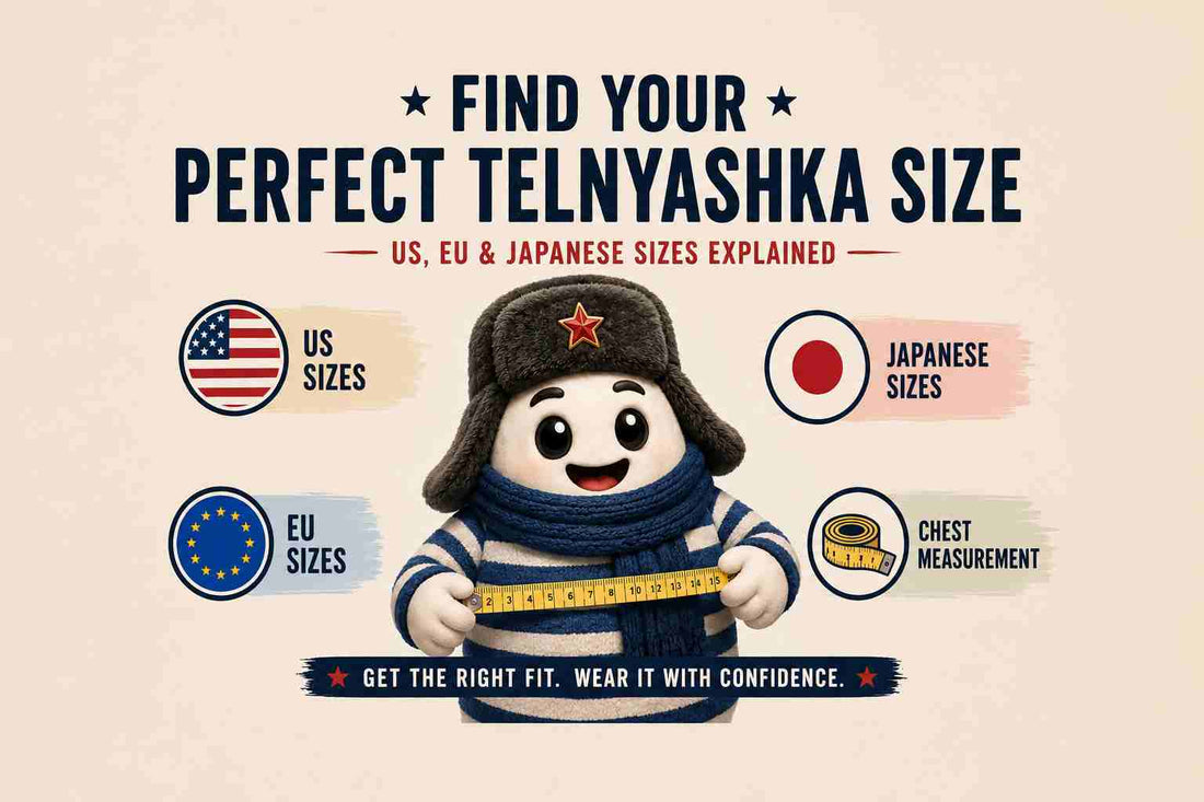 Telnyashka size guide preview showing US, EU, and Japanese size comparison with chest measurement illustration and authentic blue and white striped Telnyashka mascot.