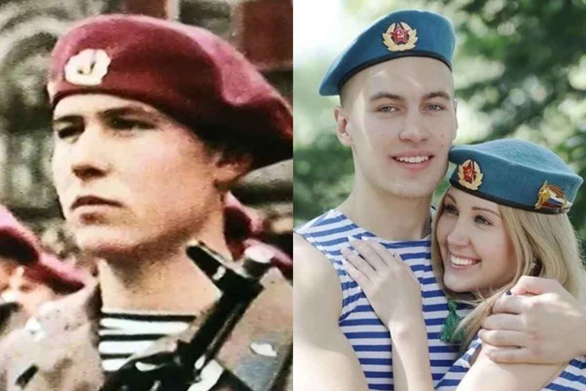 Comparison of the Soviet VDV crimson beret and the modern blue beret with the blue-and-white telnyashka. The crimson beret was used before the blue beret became the official symbol of the Airborne Forces.
