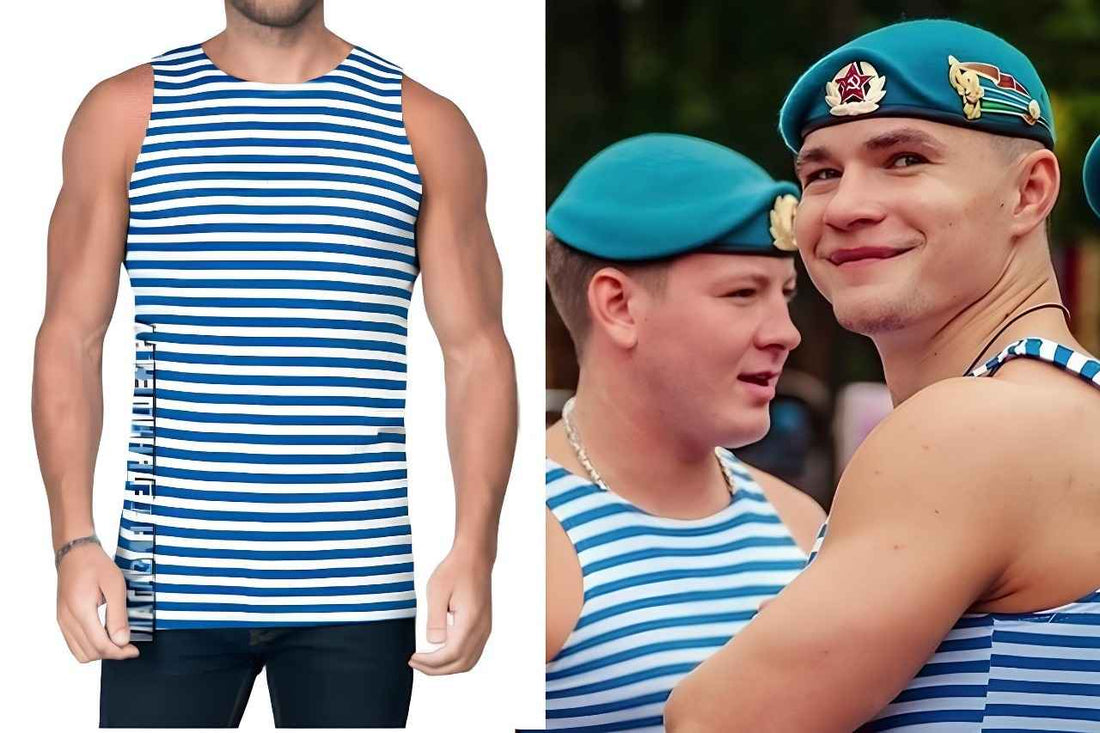 Russian VDV airbone soldiers with blue tank top man striped shirt telnyashka