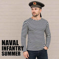 Original Naval Infantry summer telnyashka with long sleeves, black and white striped Russian military shirt worn by a model wearing a Soviet Pacific Fleet sailor cap.