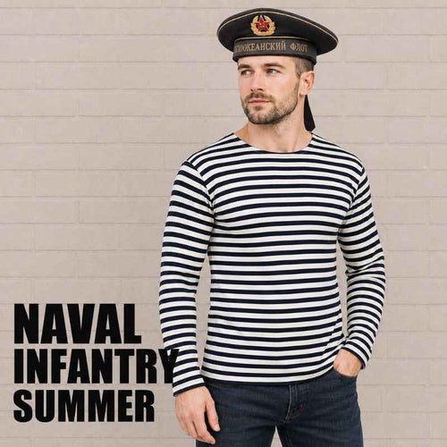 Original Naval Infantry summer telnyashka with long sleeves, black and white striped Russian military shirt worn by a model wearing a Soviet Pacific Fleet sailor cap.