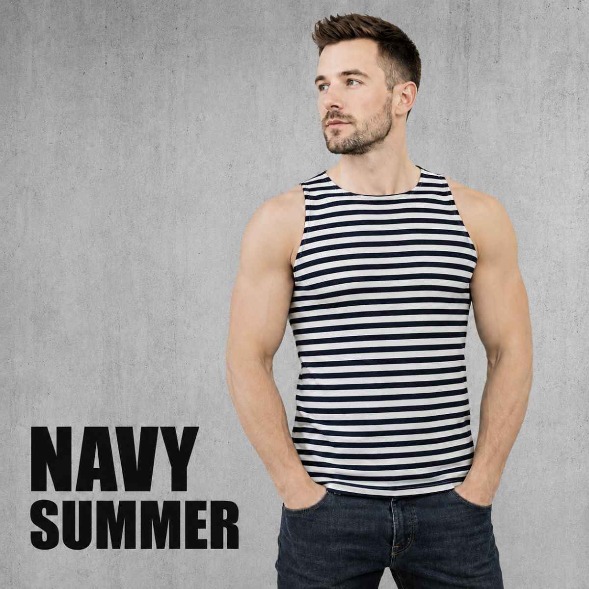 Navy Summer Telnyashka sleeveless navy and white striped shirt for men.
