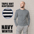 Navy Winter Telnyashka triple knit long sleeve striped shirt with navy and white stripes and fabric close-up detail