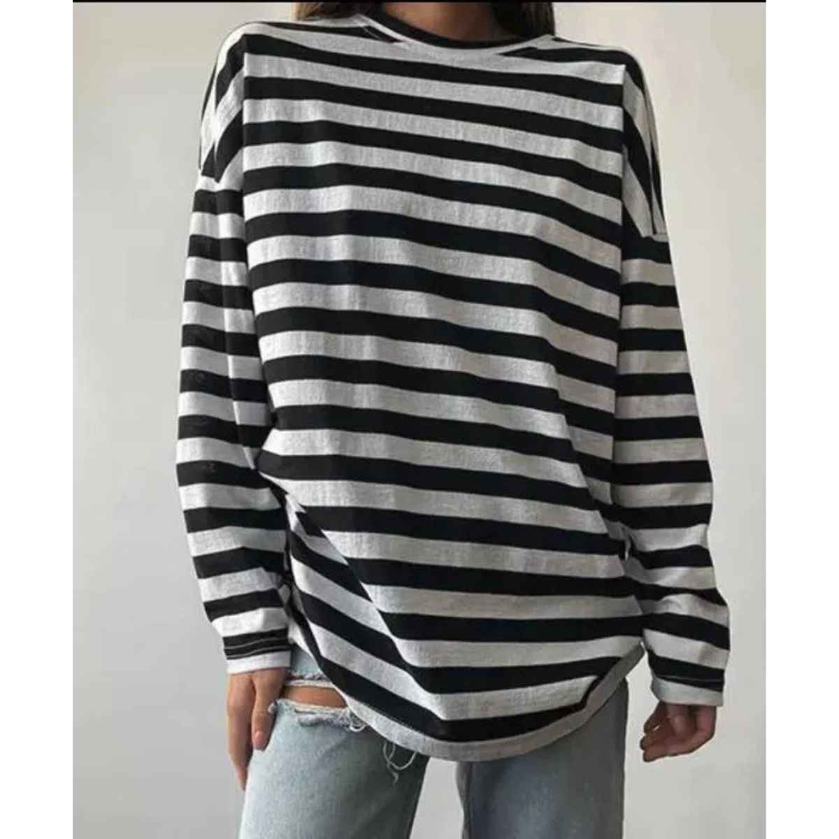 Oversized black and white striped Telnyashka long sleeve front view