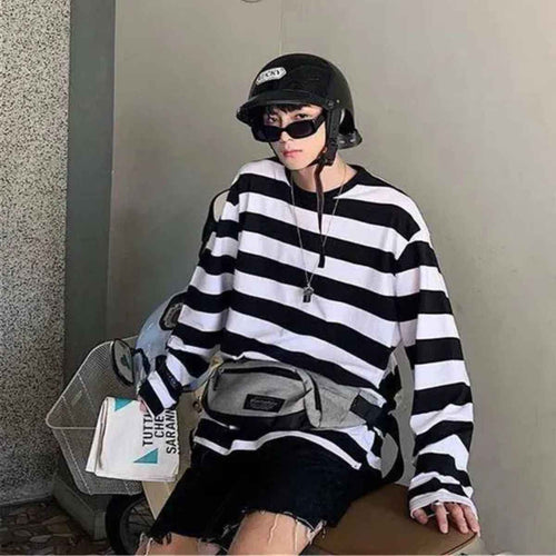 Unisex oversized black and white striped telnyashka long sleeve shirt in streetwear style