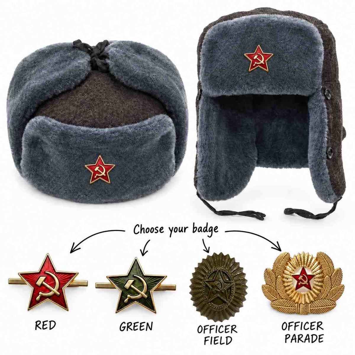 Grey ushanka with ear flaps raised and lowered, showing four badge choices: red star, green star, olive officer field cockade and gold officer parade cockade.