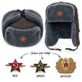 Grey ushanka shown with ear flaps raised and lowered, featuring red star badges and three badge options: red, green and officer.