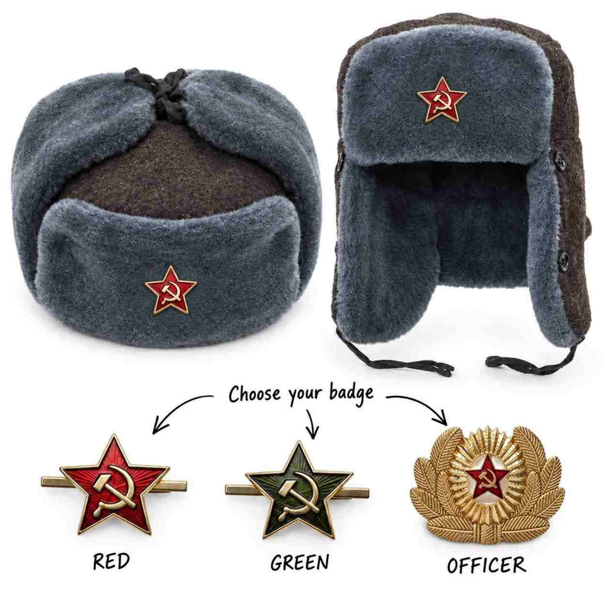 Grey ushanka shown with ear flaps raised and lowered, featuring red star badges and three badge options: red, green and officer.