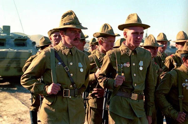Soviet soldiers wearing Panamanka hats during the Afghan War