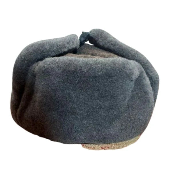Front view of original Soviet Ushanka hat with ear flaps secured up