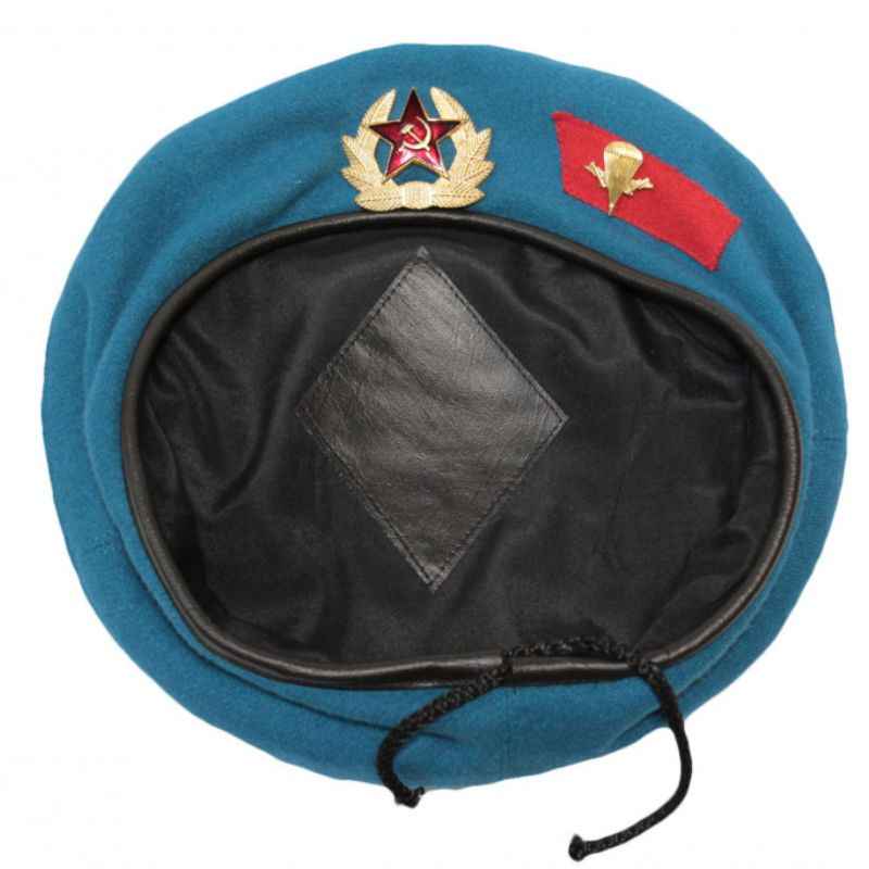 Inside view of original Soviet VDV blue beret with black lining