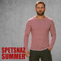 Original Spetsnaz summer telnyashka with red and white stripes, long sleeve cotton striped shirt front view