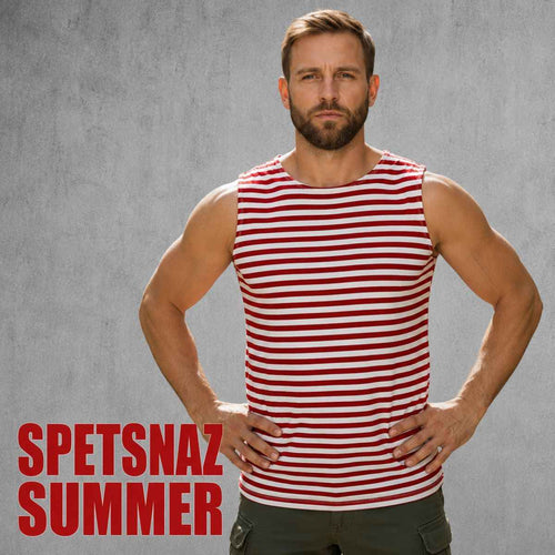 Russian Spetsnaz Summer Sleeveless Telnyashka red and white striped cotton tank top worn by male model