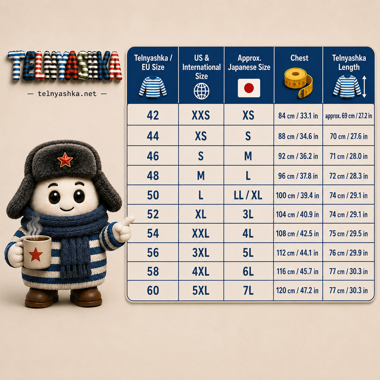 Telnyashka size chart with EU, US, and Japanese size conversion, chest measurements in centimeters and inches, shirt length guide, and a 3D bear mascot pointing to the sizing table.