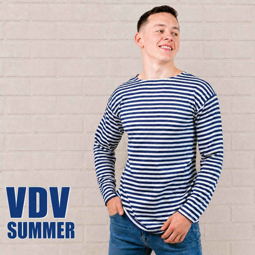 Russian VDV Summer Telnyashka striped shirt with long sleeves. Classic Soviet airborne military shirt in blue and white stripes made from 100% cotton.