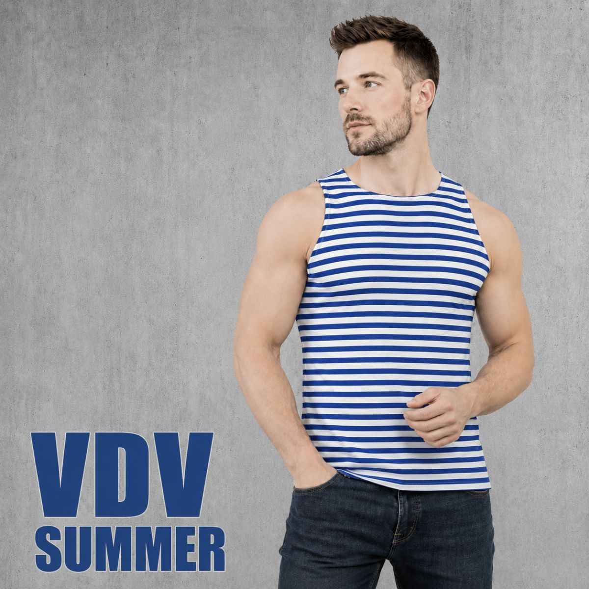 Man wearing VDV Summer Telnyashka sleeveless blue and white striped tank top.