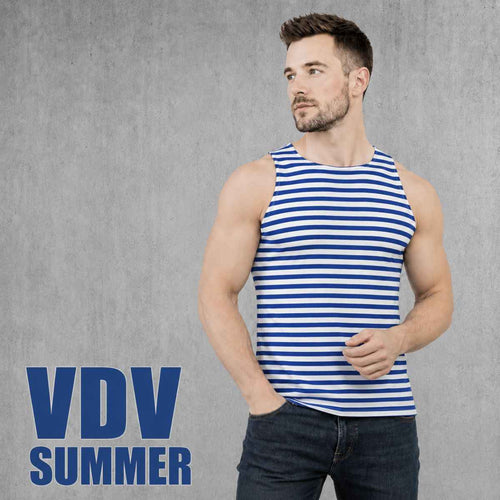 Man wearing VDV Summer Telnyashka sleeveless blue and white striped tank top.