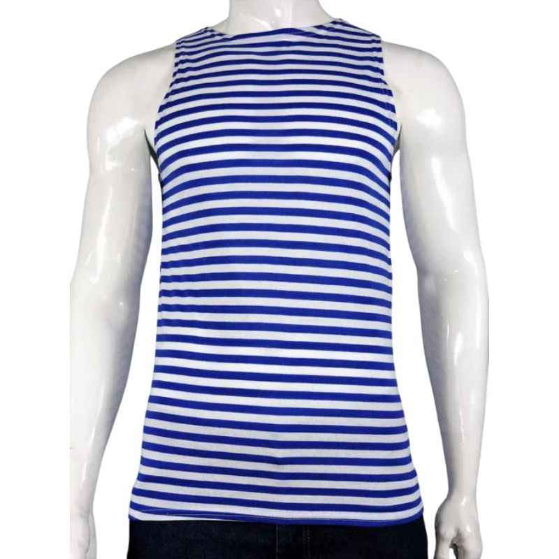 Front view of VDV Summer Telnyashka sleeveless blue and white striped tank top.