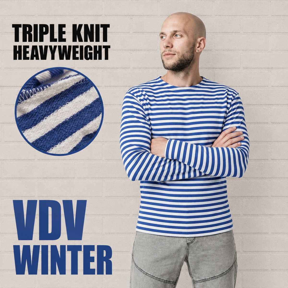 Man wearing a VDV winter telnyashka with blue and white stripes made from triple knit heavyweight fabric.