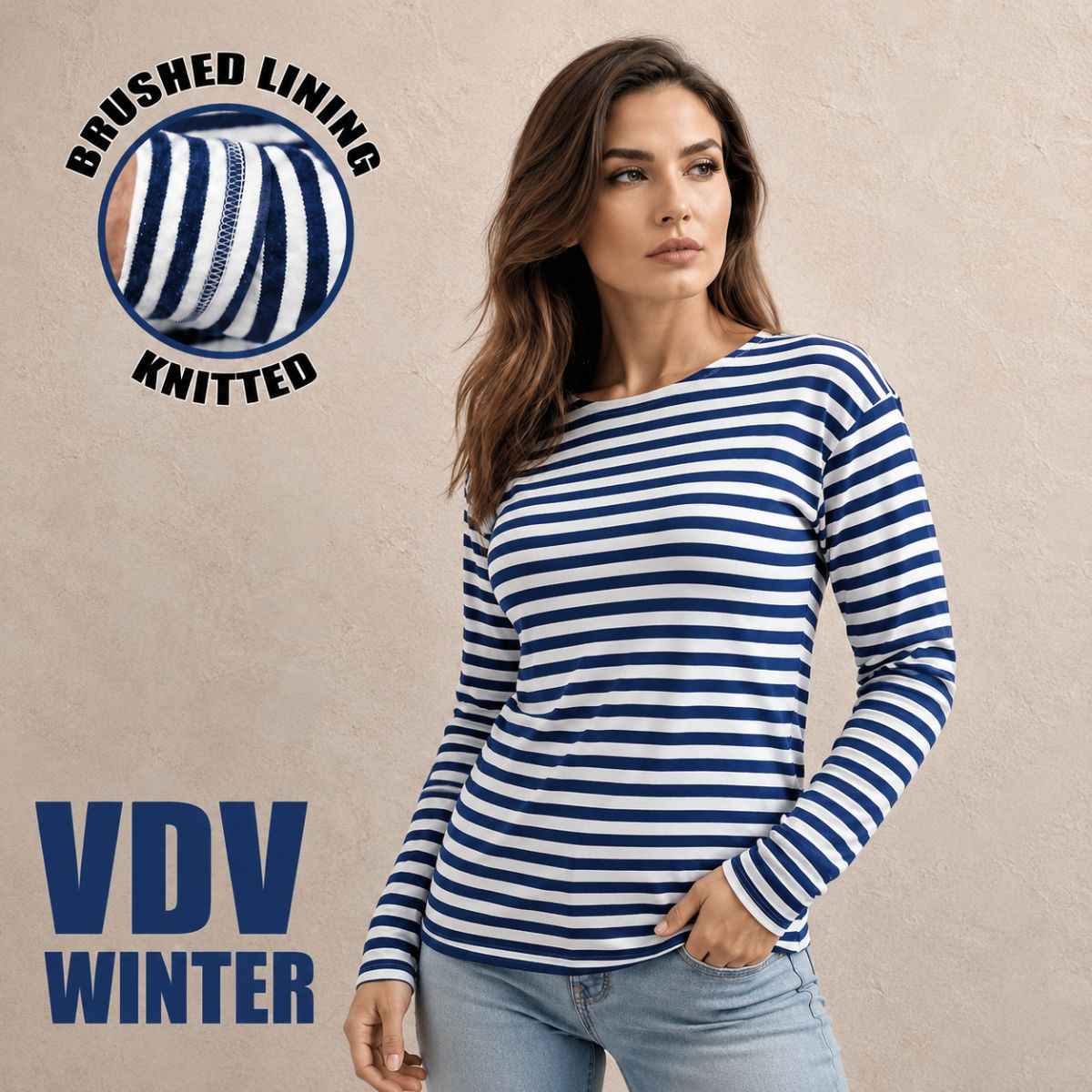 Women's VDV winter telnyashka with brushed lining, blue and white striped long sleeve shirt modeled by a woman on a neutral background