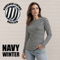 Women's Navy winter telnyashka with brushed lining, black and white striped long sleeve cotton shirt on female model