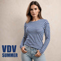 Woman wearing blue and white VDV summer telnyashka striped long sleeve shirt