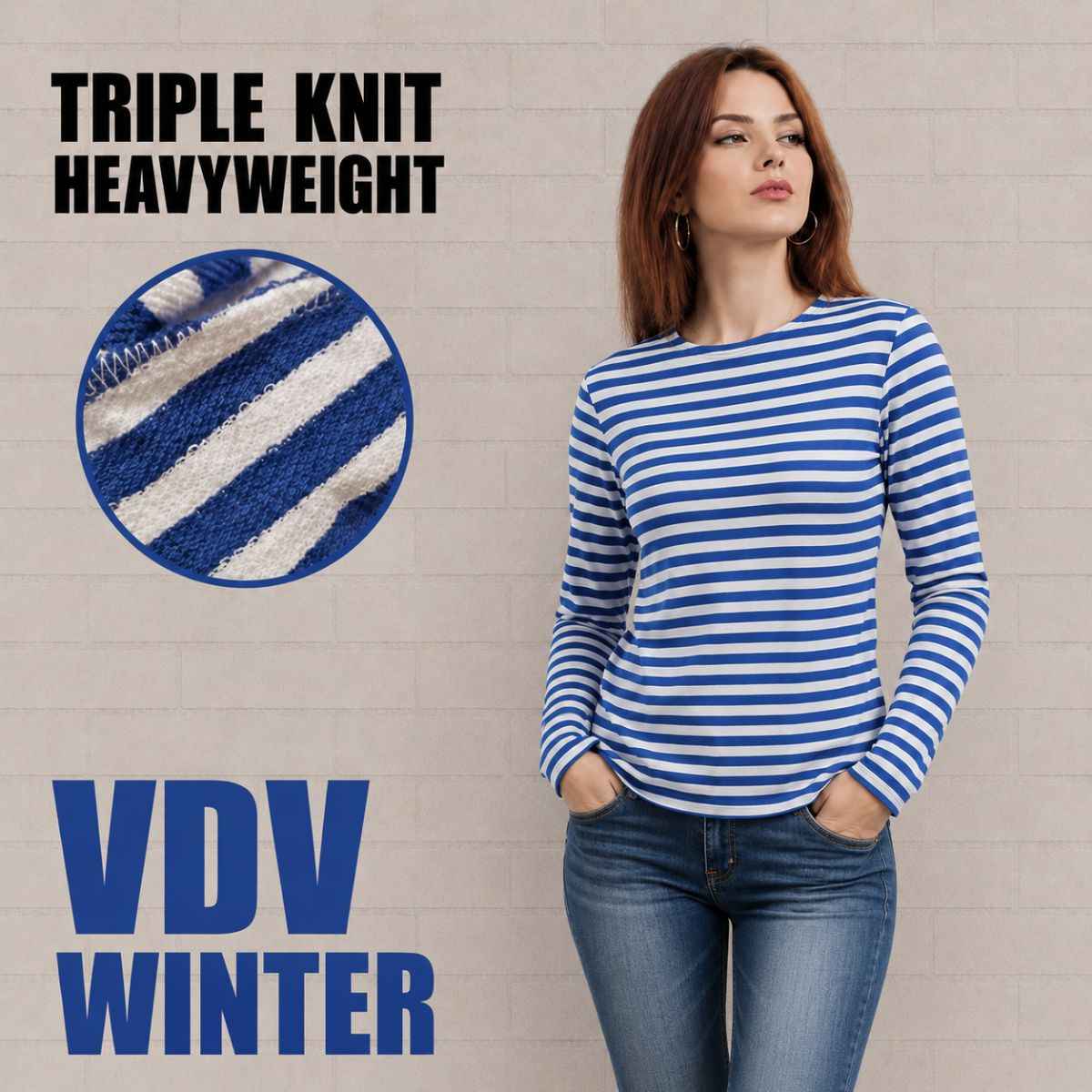 Women's Russian Airborne VDV Winter Telnyashka triple knit heavyweight blue and white striped long sleeve shirt 500 g/m²